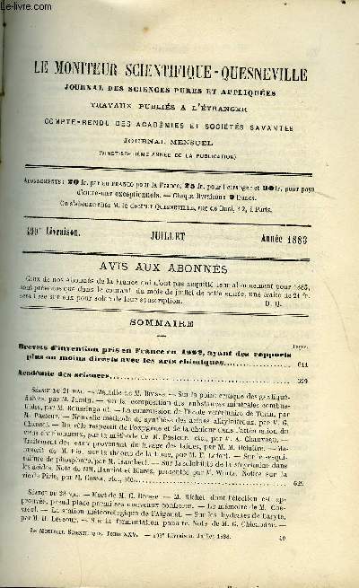 Le moniteur scientifique : journal des sciences pures et appliques n 499 - Brevets d'invention pris en France en 1882, ayant des rapports plus ou moins directs avec les arts chimiques, Maladie de M. Bresse, Sur le point critique des gaz liqufiables