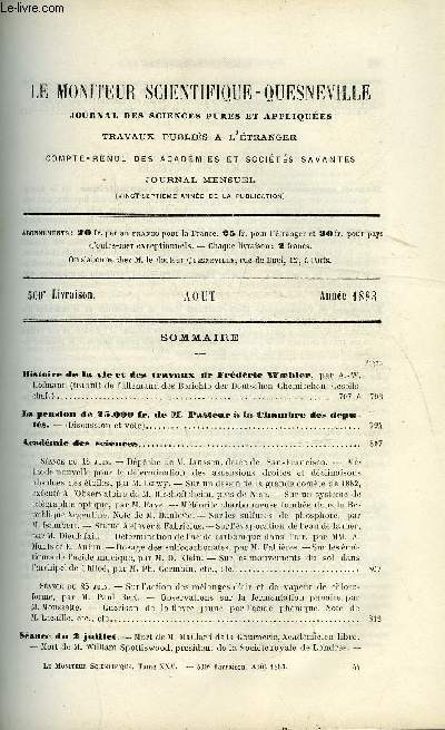 Le moniteur scientifique : journal des sciences pures et appliques n 500 - Histoire de la vie et des travaux de Frdric Woehler par A.W. Hofmann, La pension de 25.000 fr de M. Pasteur a la Chambre des dputs, Dpche de M. Janssen, dat