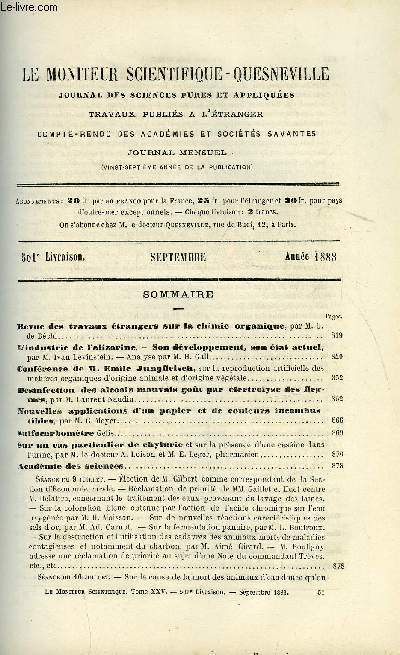 Le moniteur scientifique : journal des sciences pures et appliques n 501 - Revue des travaux trangers sur la chimie organique par M.G. de Bchi, L'industrie de l'alizarine, son dveloppement, son tat actuel par M. Ivan Levinstein, analyse par M.H.