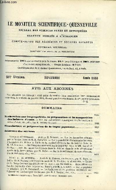 Le moniteur scientifique : journal des sciences pures et appliques n 503 - Recherches sur les proprits, la prparation et la composition des iodures d'azote, Sur les radiomtres chimiques ou photomtres a iodure d'azote par M. Anthony Guyard