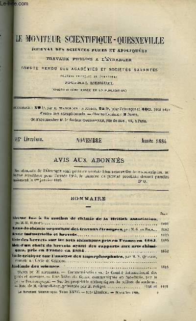 Le moniteur scientifique : journal des sciences pures et appliques n 515 - Adresse lue a la section de chimie de la British association par M.H. Roscoe, Revue de chimie organique des travaux trangers par M.G. de Bechi, Revue industrielle et brevets