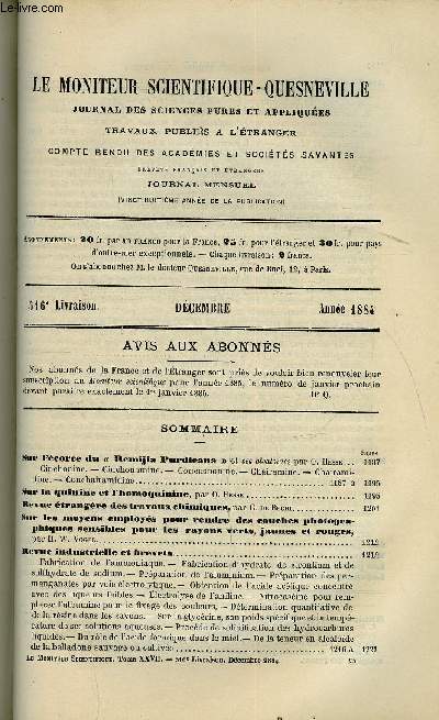 Le moniteur scientifique : journal des sciences pures et appliques n 516 - Sur l'corce du Remijia Purdieana et ses alcalodes par O. Hesse, Cinchonine, Cinchonamine, Concusnonine, Chairamine, Chairamidine, Conchairamidine, Sur la quinine