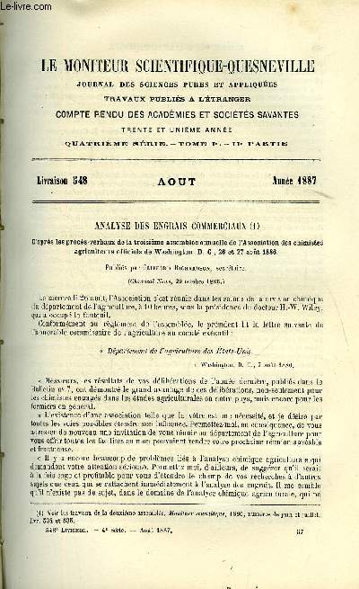 Le moniteur scientifique : journal des sciences pures et appliques n 548 - Analyse des engrais commerciaux, d'aprs les procs verbaux de la troisime assemble annuelle de l'Association des chimistes agriculteurs officiels de Washington par Clifford