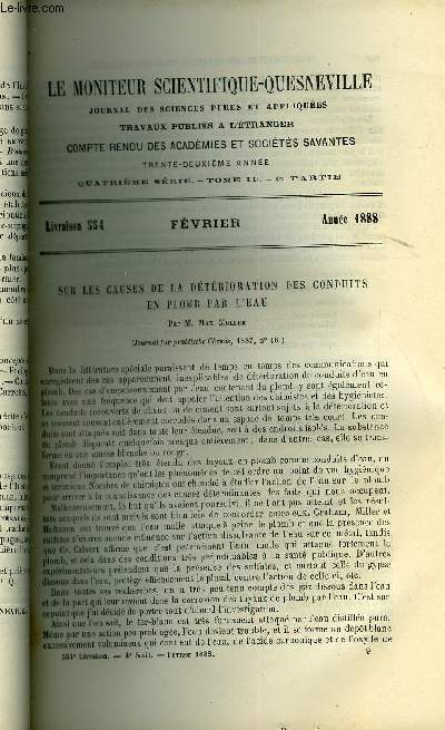 Le moniteur scientifique : journal des sciences pures et appliques n 554 - Sur les causes de la dtrioration des conduits en plomb par l'eau par M. Max Muller, Etude sur les huiles tournantes et sur une nouvelle mthode d'examen des corps gras