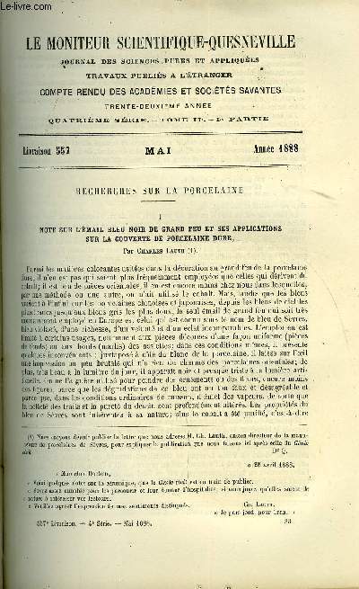 Le moniteur scientifique : journal des sciences pures et appliques n 557 - Recherches sur la porcelaine, note sur l'mail bleu noir de grand feu et ses applications sur la couverte de porcelaine dure par Charles Lauth, Sur la porcelaine tendre