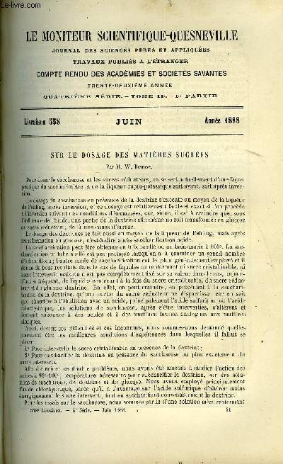 Le moniteur scientifique : journal des sciences pures et appliques n 558 - Sur le dosage des matires sucres par M.W. Bishop, Revue industrielle et brevets divers, Procd de prparation du rtne en traitant les huiles de rsine par le soufre