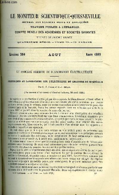 Le moniteur scientifique : journal des sciences pures et appliques n 560 - Le procd hermite de blanchiment lectrolytique, recherches au laboratoire sur l'lectrolyse du chlorure de magnsium par C.F. Cross et E.J. Bevan, Fabrication du ciment