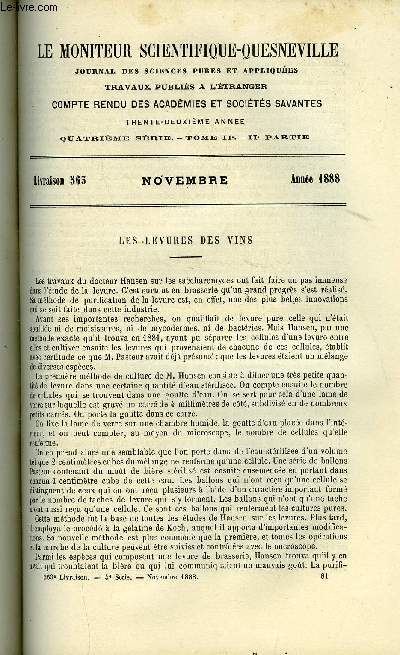 Le moniteur scientifique : journal des sciences pures et appliques n 563 - Les levures des vins, Thorie nouvelle de la double rfraction elliptique du quartz par M.G. Quesneville, Formation synthtique de chaines de carbone fermes dans la srie