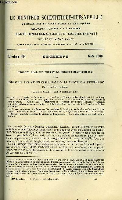 Le moniteur scientifique : journal des sciences pures et appliques n 564 - Progrs raliss durant le premier semestre 1888 dans l'industrie des matires colorantes, la teinture et l'impression par le docteur P. Julius, Des ractions chimiques