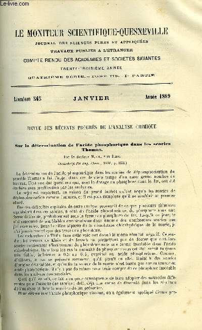 Le moniteur scientifique : journal des sciences pures et appliques n 565 - Sur la dtermination de l'acide phosphorique dans les scories Thomas par le docteur M.A. von Reis, Sur le dosage du soufre dans le fer par C. Meineke, Pour viter l'emploi