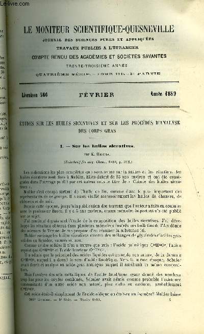 Le moniteur scientifique : journal des sciences pures et appliques n 566 - Etudes sur les huiles siccatives et sur les procds d'analyse des corps gras - sur les huiles siccatives par K. Hasura, Dosage de l'acide salicylique dans la bire