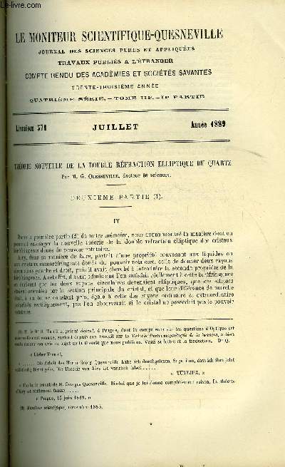 Le moniteur scientifique : journal des sciences pures et appliques n 571 - Thorie nouvelle de la double rfraction elliptique du quartz par M.G. Quesneville, Etude sur les mthodes et procds de fabrication du chlore et de l'acide chlorhydrique