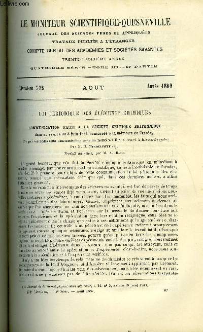 Le moniteur scientifique : journal des sciences pures et appliques n 572 - Loi priodique des lments chimiques par M.D. Mendeleieff, Notice sur la vie et les travaux de Dmitri Ivanovitch Mendeleeff, Procd pour obtenir le chlorure de sodium