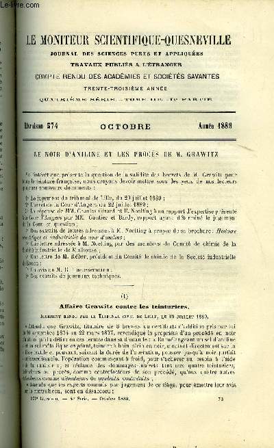 Le moniteur scientifique : journal des sciences pures et appliques n 574 - Le noir d'aniline et les procs de M. Grawitz, Affaire Grawitz contre les teintures, Falsifications des huiles vgtales du commerce, monographie des huiles, numration succinte