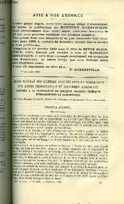 Le moniteur scientifique : journal des sciences pures et appliques n 575 - Emploi nouveau des sulfures alcalins dans la purification des acides chlorhydrique et sulfurique arsenicaux destins a la prparation de quelques produits chimiques mdicamenteux