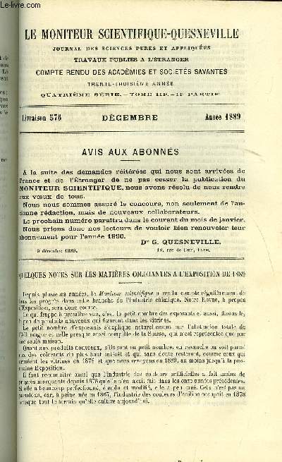 Le moniteur scientifique : journal des sciences pures et appliques n 576 - Le docteur Gustave-Augustin Quesneville, Quelques notes sur les matires colorantes a l'exposition de 1889, Etude sur la morphine par L. Knorr, Synthse dans la srie