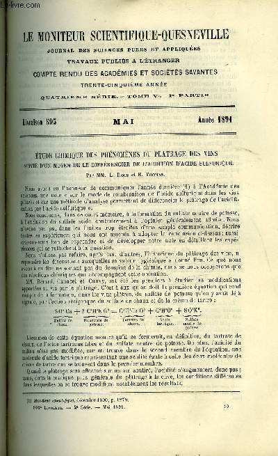 Le moniteur scientifique du docteur Quesneville n 593 - Etude chimique des phnomnes du platrage des vins, suivie d'un moyen de la diffrencier de l'addition d'acide sulfurique par L. Roos et E. Thomas, Des matires tinctoriales jaunes dues