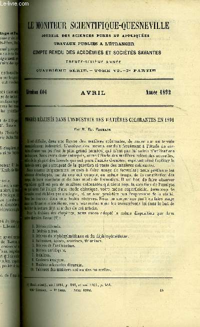 Le moniteur scientifique du docteur Quesneville n 604 - Progrs raliss dans l'industrie des matires colorantes en 1891 par Ed. Ehrmann, Sur la cafine - Sur l'extraction de la cafine du th, Sur son dosage, Sur la teneur en cafine des diverses