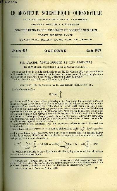 Le moniteur scientifique du docteur Quesneville n 622 - Sur l'acide azothydrique et les azoimoides par M. O. Michel, Recherches sur la germination de quelques gramines par Horace T. Brown et le docteur Harris Morris, Des chaux et mortiers par MM. Letac