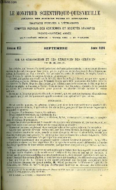 Le moniteur scientifique du docteur Quesneville n 633 - Sur la composition et les exigences des crales par H. Joulie, Sur un nouvel lment contenu dans l'air atmosphrique par Lord Rayleigh et M. le professeur Ramsay, Sur la fabrication