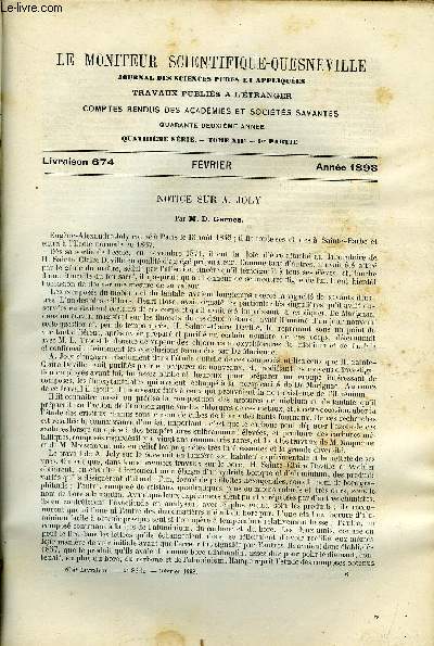 Le moniteur scientifique du docteur Quesneville n 674 - Notice sur A. Joly par D. Gernez, Revue de photographie par A. Granger, Etude sur les diffrents systmes d'vaporation des lessives par P. Kienlen, Le mercerisage des fibres vgtales, Essai