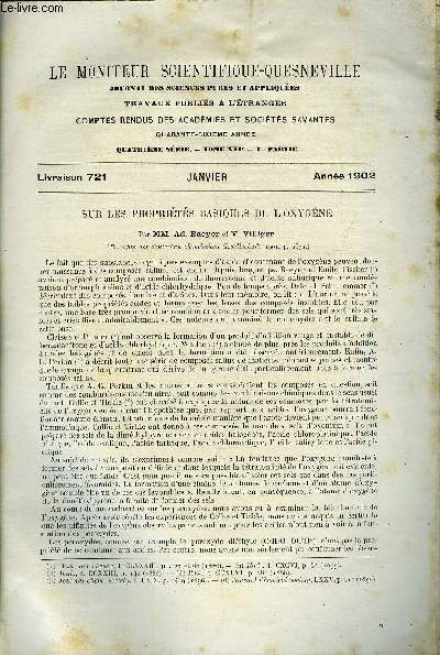 Le moniteur scientifique du docteur Quesneville n 721 - Sur les proprits basiques de l'oxygne par Ad. Baeyer et V. Villiger, Du mcanisme de l'action du peroxyde d'hydrogne sur l'acide permanganique par A. Bach, Dosage dy silicium dans les ferro