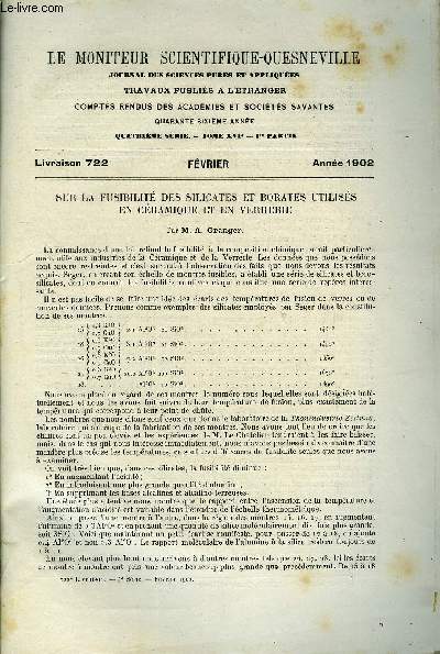 Le moniteur scientifique du docteur Quesneville n 722 - Sur la fusibilit des silicates et borates utiliss en cramique et en verrerie par A. Granger, Application de la mthode manganimtrique modifie au dosage des glycrines industrielles