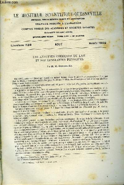 Le moniteur scientifique du docteur Quesneville n 728 - Les analyses chimiques du lait et ses constantes physiques par G. Quesneville, Revue des matires colorantes nouvelles au point de vue de leurs applications a la teinture par Frdric Reverdin