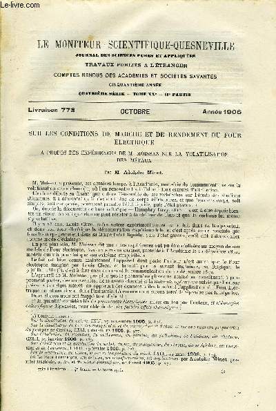 Le moniteur scientifique du docteur Quesneville n 778 - Sur les conditions de marche et de rendement du four lectrique a propos des expriences de M. Moissan sur la volatilisation des mtaux par Adolphe Minet, Recherches sur les scrtions, Analyses