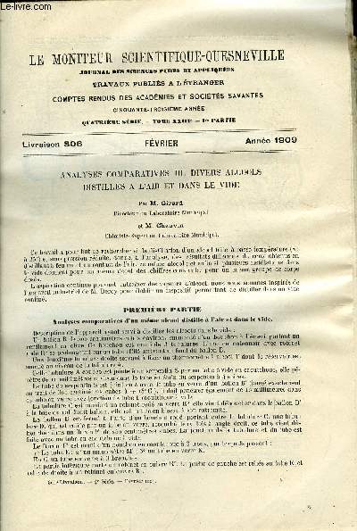 Le moniteur scientifique du docteur Quesneville n 806 - Analyses comparatives de divers alcools distills a l'air et dans le vide par M. Girard et M. Chauvin, Extraits alcooliques de fruits par M. Chauvin, Etude du mcanisme qui prside