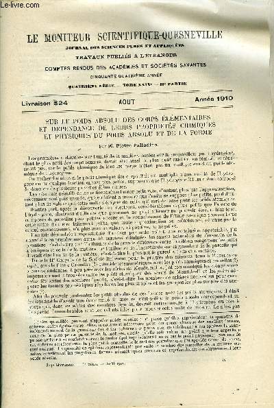 Le moniteur scientifique du docteur Quesneville n 824 - Sur le poids absolu des corps lmentaires et dpendance de leurs proprits chimiques et physiques du poids absolu et de la forme par M. Pietro Palladino, Caoutchouc - Recherches