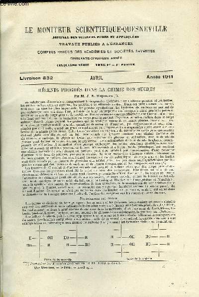 Le moniteur scientifique du docteur Quesneville n 832 - Rcents progrs dans la chimie des sucres par J.S. Hepburn, L'industrie chimique et l'agriculture par Adolf Frank, La grande industrie du goudron de houille - distillation du goudron par A. Rispler