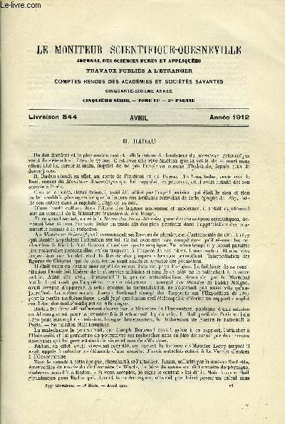 Le moniteur scientifique du docteur Quesneville n 844 - R. Radau par le Dr G. Q., Notice ncrologique sur R. Radau par G. Bigourdan, Discours prononc a ses funrailles, Bilan thermique des fours a zinc par E. Chabanier, Grande industrie chimique