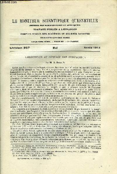 Le moniteur scientifique du docteur Quesneville n 857 - Combustion au contact des surfaces par A. Bone, Dtermination de la teneur en SO3 libre de l'acide sulfurique, Fixation de l'azote atmosphrique dans la nature et dans la technique, La production