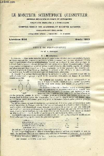 Le moniteur scientifique du docteur Quesneville n 858 - Revue de photographie par A. Granger, Importance du manchon a incandescence en soie artificielle, La cellulose formyle, L'indirubine, Electrisation du benzne par frottement