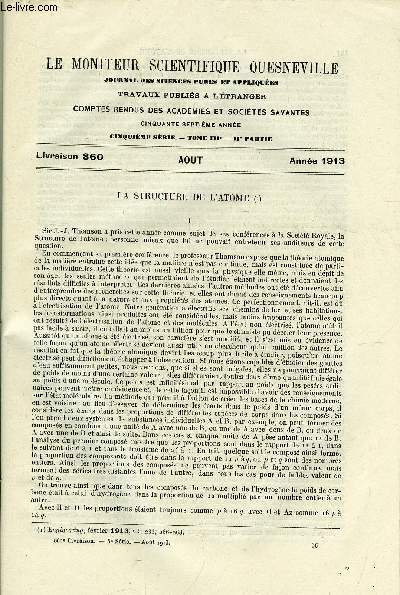 Le moniteur scientifique du docteur Quesneville n 860 - La structure de l'atome, Matires alimentaires - recherches sur le miel par H. Witte, Grande industrie chimique - la carbonisation de la houille par Vivan B. Lewes, Fabrication industrielle