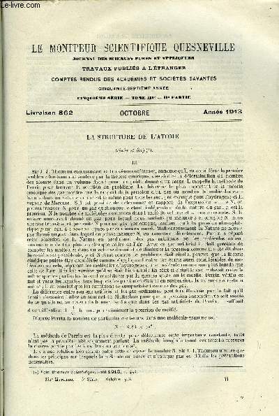 Le moniteur scientifique du docteur Quesneville n 862 - La structure de l'atome, Sur l'apparition de l'hlium et du non dans les tubes ou rgne le vide par J.J. Thomson, Essais sur la possibilit d'emploi des nitrocelluloses, La fixation de l'azote