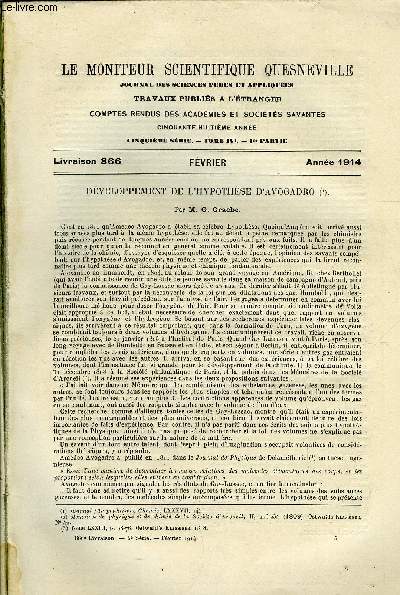 Le moniteur scientifique du docteur Quesneville n 866 - Dveloppement de l'hypothse d'avogadro par G. Graebe, Contribution a l'tude de l'origine et du mode de formation, Etude chimique de la rsine du sapin rouge, Sur les ractions chimiques