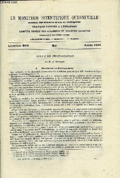 Le moniteur scientifique du docteur Quesneville n 869 - Revue de photographie par A. Granger, La constitution du noir d'aniline, La chimie des colorants de cuve, Sur l'acide ricinolique, Contribution a l'tude des glycrides de la butyrine, Contribution