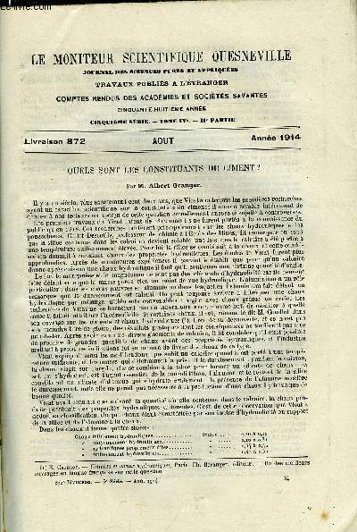 Le moniteur scientifique du docteur Quesneville n 872 - Quels sont les constituants du ciment ? par Albert Granger, Contribution a la connaissance de la nitroglycrine, prparation, structure, cristalline, proprits physiques des isomres