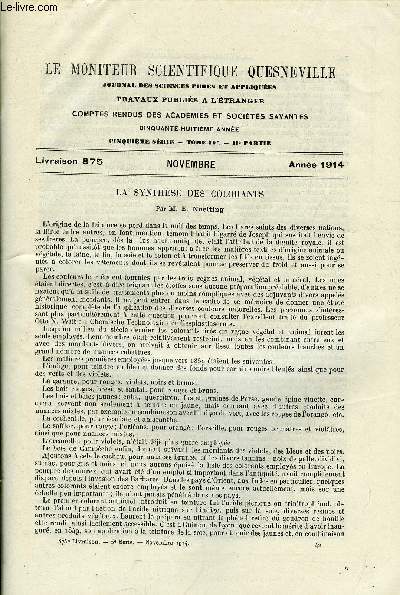 Le moniteur scientifique du docteur Quesneville n 875 - La synthse des colorants par E. Noelting, Recherche du suif dans le saindoux de porc, La rduction des acides gras non saturs par catalyse