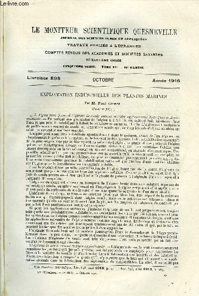 Le moniteur scientifique du docteur Quesneville n 898 - Exploitation industrielle des plantes marines par Paul Gloess, Mthodes analytiques fondamentales en chimie sucrire - erreurs commises, mthodes a employer par Emile Saillard, Rsines - Analyse