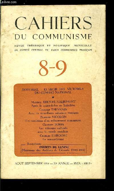 Cahiers du communisme n 8-9 - Consolider et largir les victoires du combat national, Une victoire des forces de paix qui en appelle d'autres par Maurice Kriegel-Valrimont, Nos devoirs envers les travailleurs coloniaux immigrs par Georges Thevenin