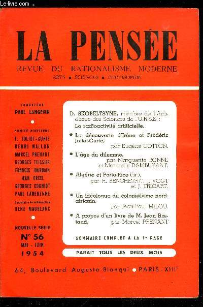 La pense - nouvelle srie n 56 - La dcouverte de la radioactivit artificielle et son role dans le dveloppement de la physique depuis vingt ans par D. Skobeltsyne, Le vingtime anniversaire de la dcouverte de la radioactivit artificielle par Eugne