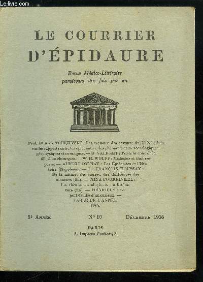 Le courrier d'pidaure n 10 - Les travaux des savants du XIXe sicle sur les rapports entre les pidmies et les phnomnes mtorologiques, gophysiques et cosmiques par le prof Dr A.L. Tchikevski, Triste histoire de la fille d'un chirurgien