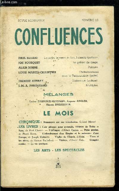 Confluences n 13 - La main, le coeur, le lion, l'oiseau par Paul Eluard, Le galant de neige par Joe Bousquet, Pomes par Alain Borne, Chateau Briand sous la Restauration (suite) par Louis Martin-Chauffier, Naissance par Therese Aubray, Multiples