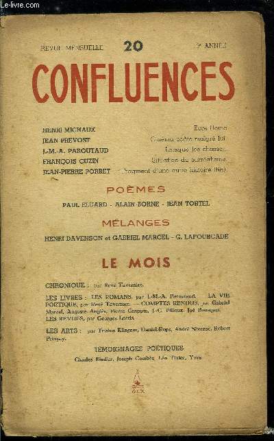 Confluences n 20 - Ecce Homo par Henri Michaux, Cinma pote malgr lui par Jean Prevost, Lorsque les choses par J.M.A. Paroutaud, Situation du surralisme par Franois Cuzin, Fragment d'une autre histoire (fin) par Jean Pierre Porret, Pomes par Paul