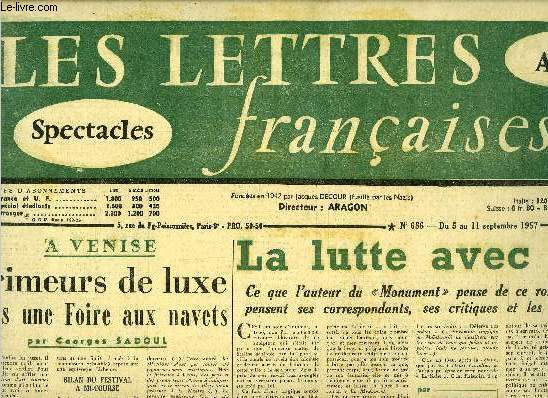 Les lettres franaises n 686 - A Venise, primeurs de luxe dans une foire aux navets par Georges Sadoul, La lutte avec l'ange par Elsa Triolet, Hommage a un inconnu, John Greenlead Whittier par Renaud de Jouvenel, La valse de l'adieu par Armand Lanoux