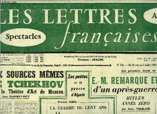 Les lettres franaises n 728 - Aux sources mmes de Tchekhov avec le Thatre d'Art de Moscou par Jean Gandrey-Rety, E.M. Remarque et Mauriac d'un aprs guerre a l'autre, Hitler anne zro par Anne Villelaur, Dans les marges d'un bloc notes par Andr