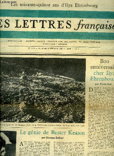 Les lettres franaises n 1118 - Bon anniversaire cher Ilya Ehrenbourg par Pierre Cot, Le gnie de Buster Keaton par Georges Sadoul, Vers une science de l'art potique par Roman Jakobson, Hamlet, c'est nous par Aragon, Centenaire de la naissance